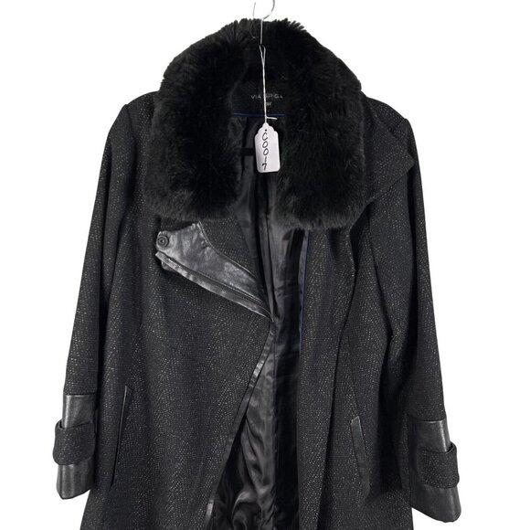 Via Spiga Women 16W Black Wool Blend Faux Fur Collar Asymmetrical Coat Old Money - Picture 16 of 16